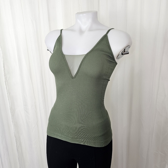 Intimately Free People stretch sage green tank ribbed mesh v-neck line XS/Small - Picture 1 of 6